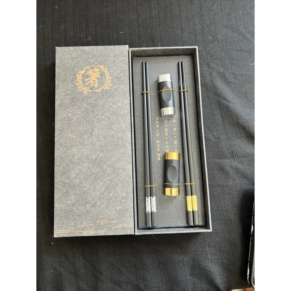 Black Wood Chopsticks Set 2 Pairs Gold Silver Scroll Design with Rests Gift Box